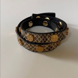 TORY BURCH LEATHER SNAKESKIN WRAP BRACELET